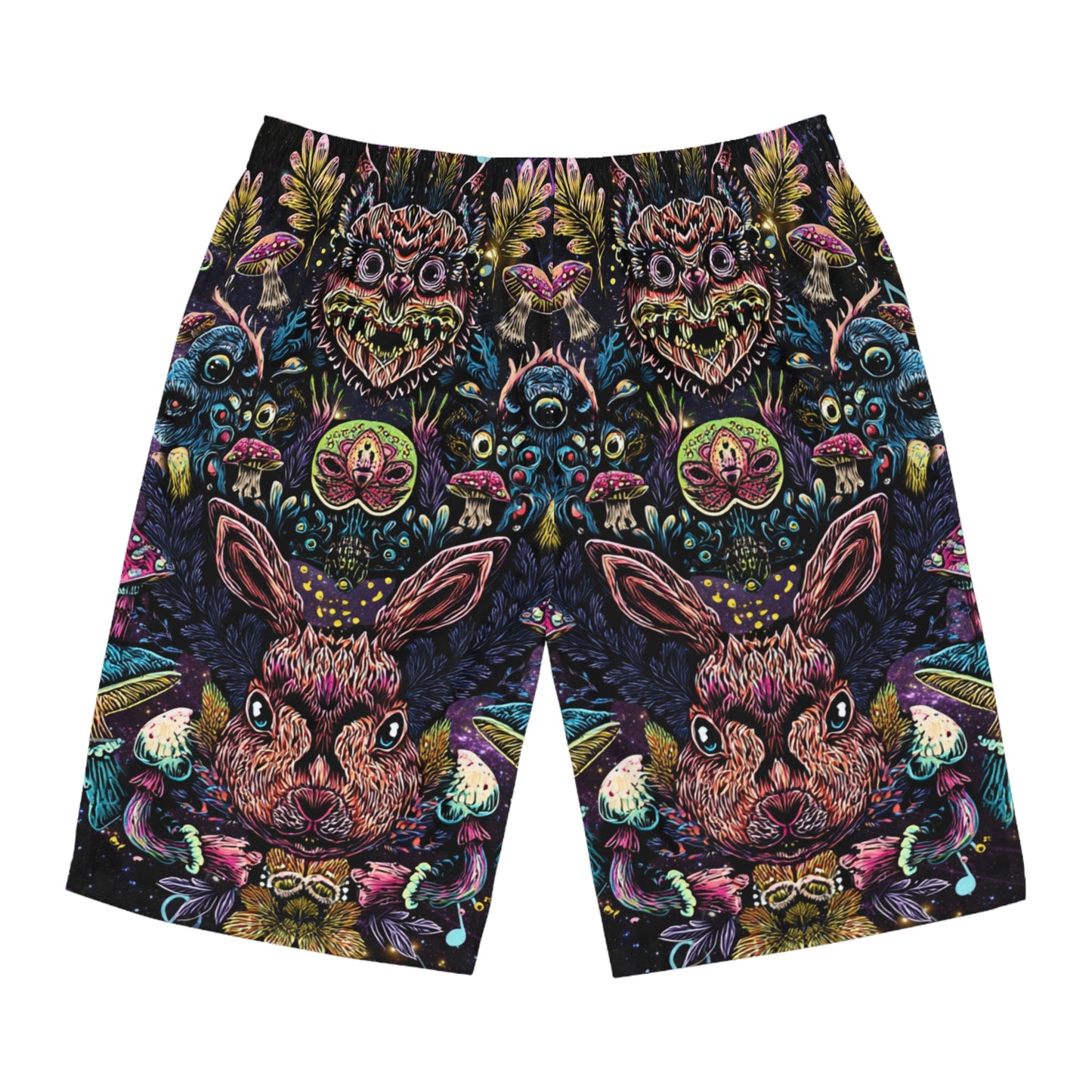 Men's psychedelic rabbit Board Shorts, Funky Beachwear, Summer Swim Shorts, Festival Attire, Colorful Outdoor Swimwear