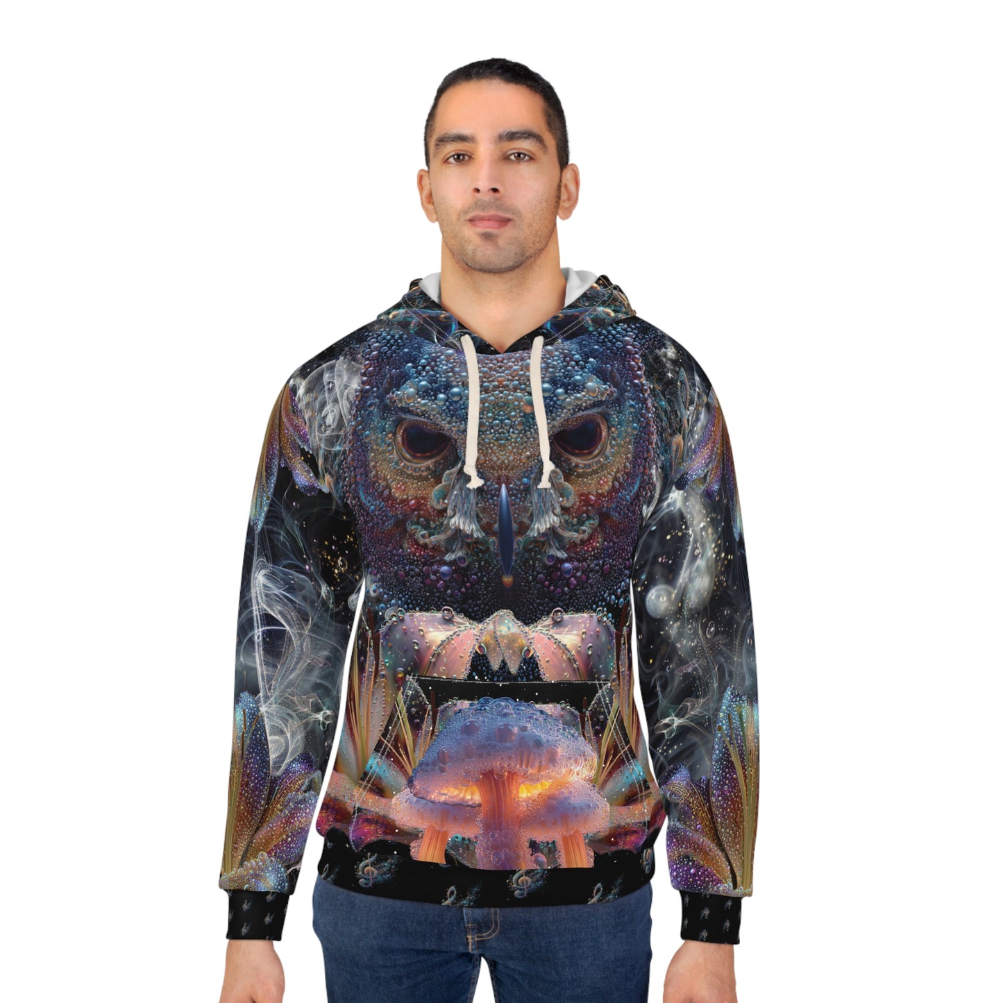 Mystical Owl Pullover Hoodie - Unisex, AOP, Artistic hoodie, Festival wear, Cozy sweatshirt, Nature lover gift, Unique hoodie design