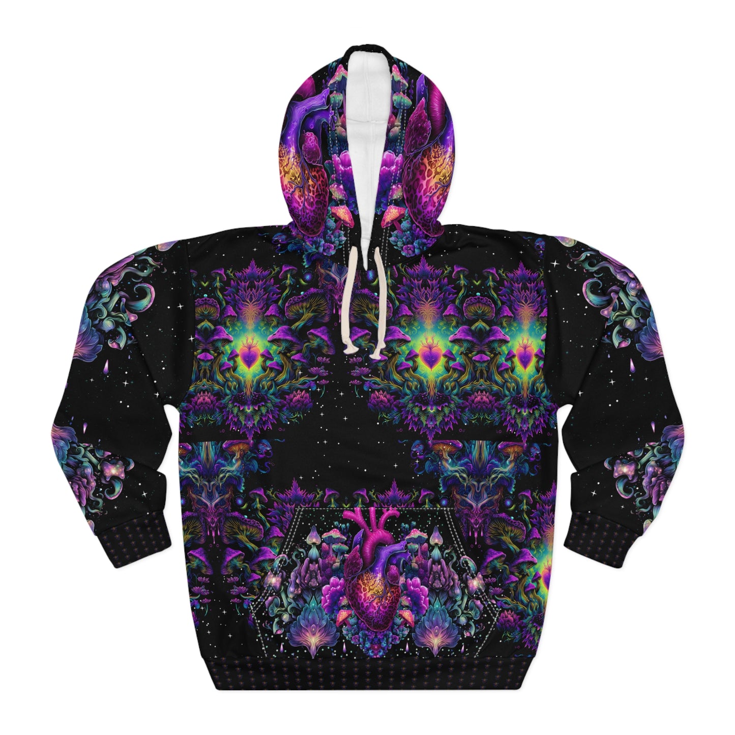 Psychedelic Heart Hoodie, All-Over Print Pullover, Unisex Sweatshirt, Vibrant Color Hoodie, Cozy Graphic Hoodie, Gift for Festival Lovers