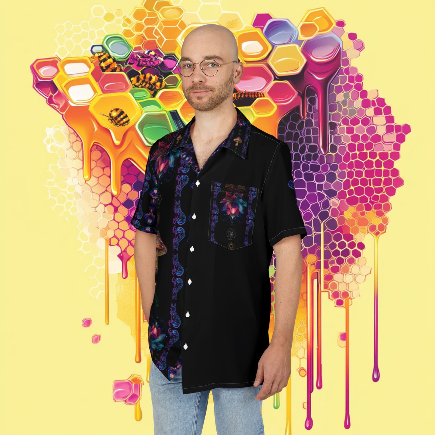 Vibrant Lotus with Foxes Shirt for Summer, Men's/ Unisex Button-Down Summer Shirt, Beach Vacation Shirt,Unique Casual Shirt