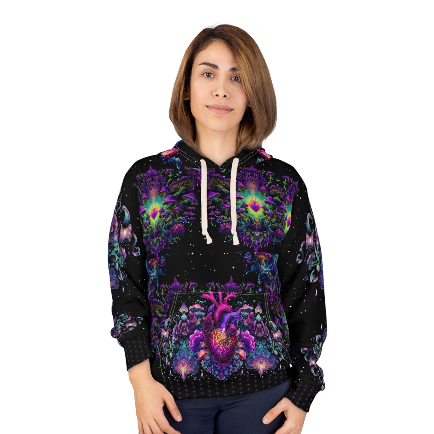 Psychedelic Heart Hoodie, All-Over Print Pullover, Unisex Sweatshirt, Vibrant Color Hoodie, Cozy Graphic Hoodie, Gift for Festival Lovers