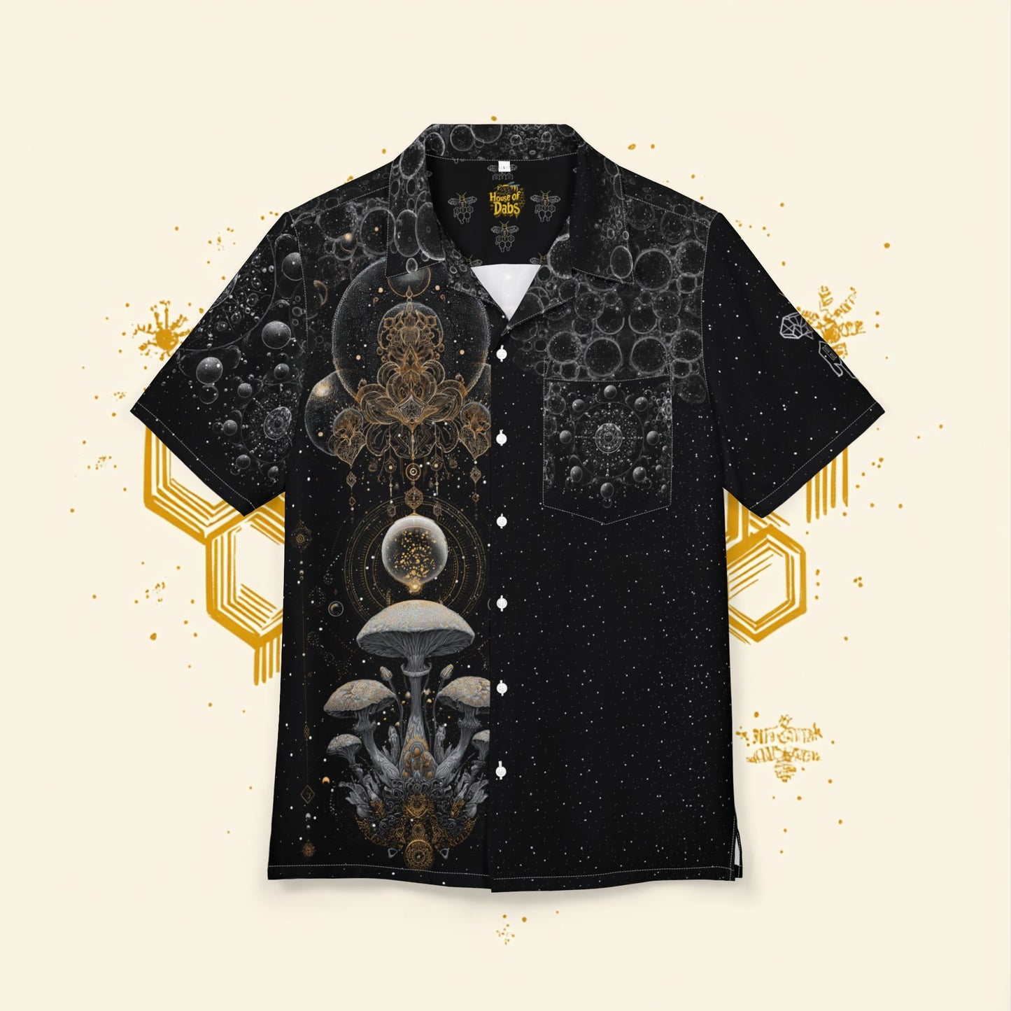 Bubbles, Mushrooms, and Honeycomb Festival Shirt for Summer, Men's/ Unisex Button-Down Summer Shirt, Beach Vacation Shirt, Unique Casual Shirt