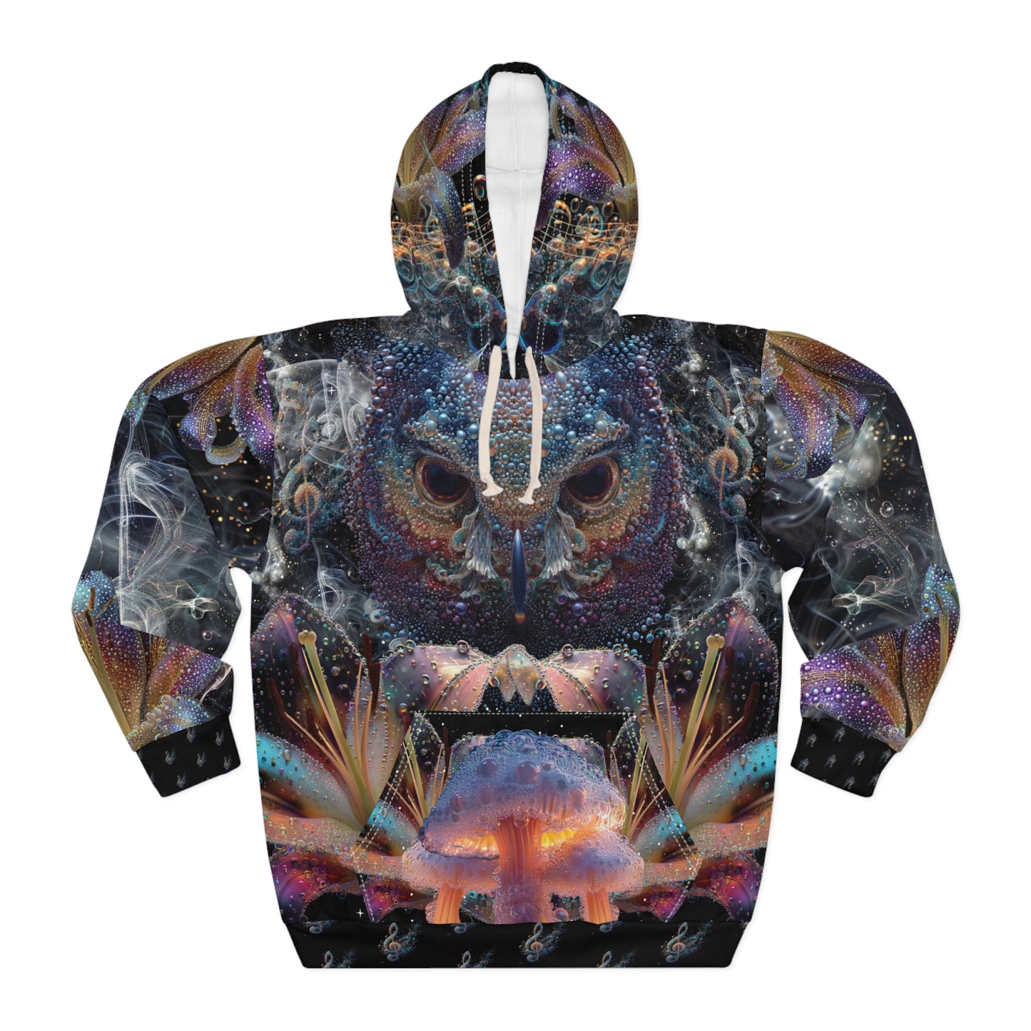 Mystical Owl Pullover Hoodie - Unisex, AOP, Artistic hoodie, Festival wear, Cozy sweatshirt, Nature lover gift, Unique hoodie design