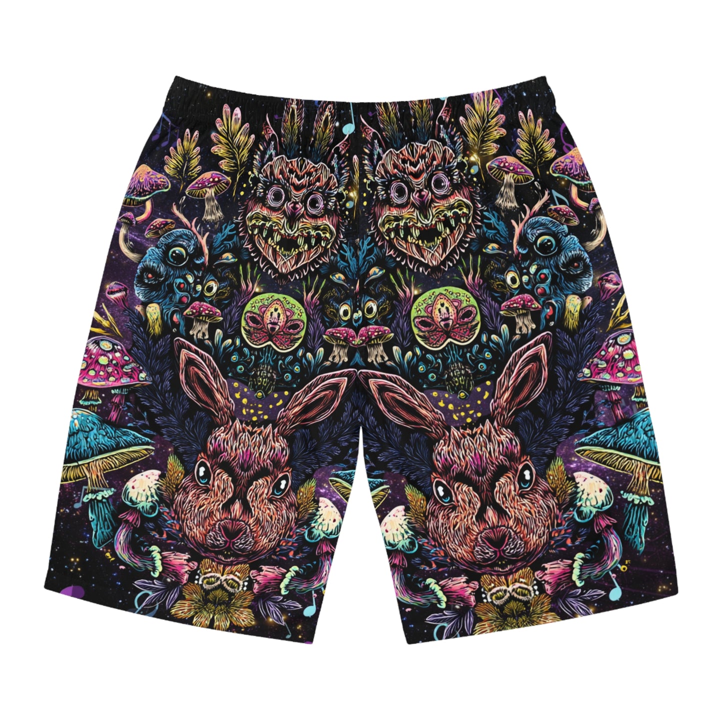 Men's psychedelic rabbit Board Shorts, Funky Beachwear, Summer Swim Shorts, Festival Attire, Colorful Outdoor Swimwear