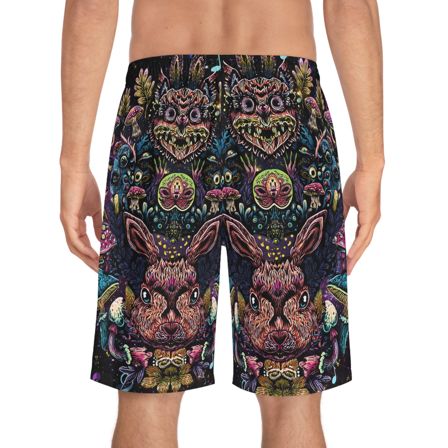 Men's psychedelic rabbit Board Shorts, Funky Beachwear, Summer Swim Shorts, Festival Attire, Colorful Outdoor Swimwear