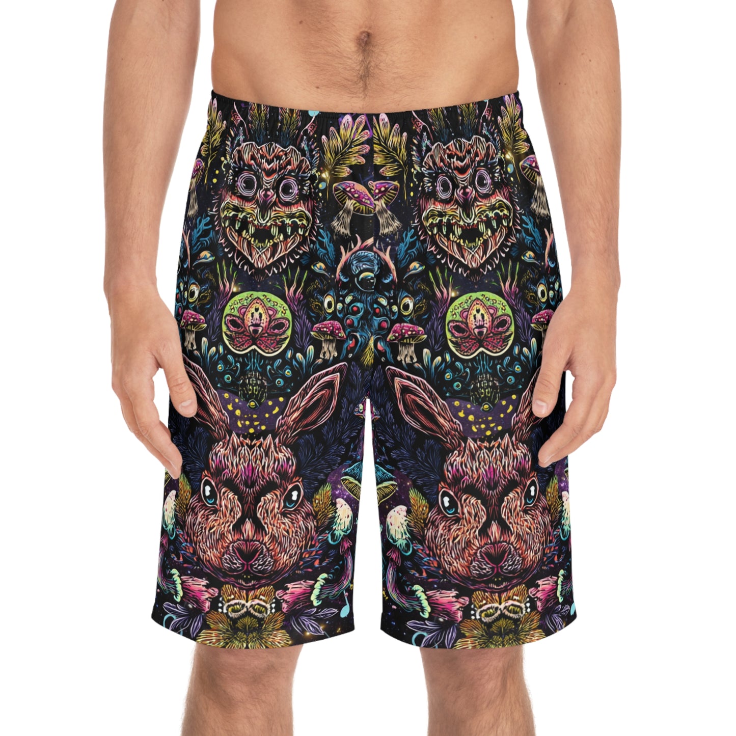 Men's psychedelic rabbit Board Shorts, Funky Beachwear, Summer Swim Shorts, Festival Attire, Colorful Outdoor Swimwear