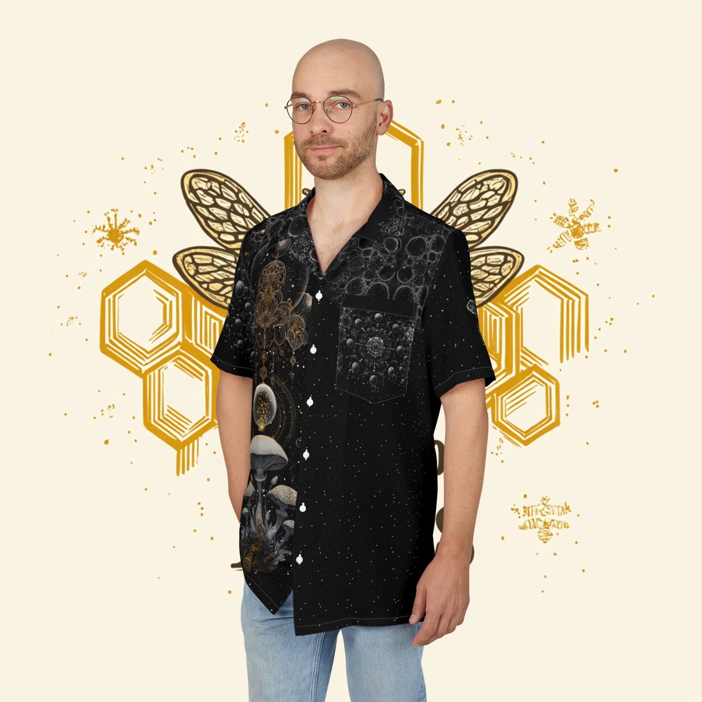 Bubbles, Mushrooms, and Honeycomb Festival Shirt for Summer, Men's/ Unisex Button-Down Summer Shirt, Beach Vacation Shirt, Unique Casual Shirt