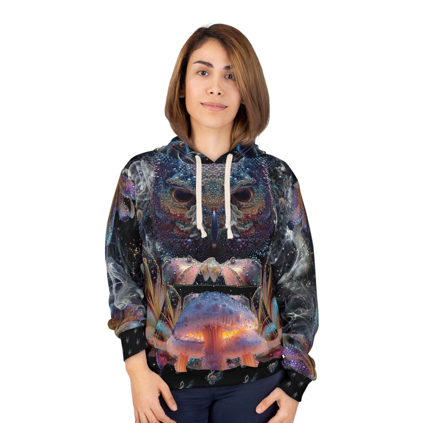 Mystical Owl Pullover Hoodie - Unisex, AOP, Artistic hoodie, Festival wear, Cozy sweatshirt, Nature lover gift, Unique hoodie design