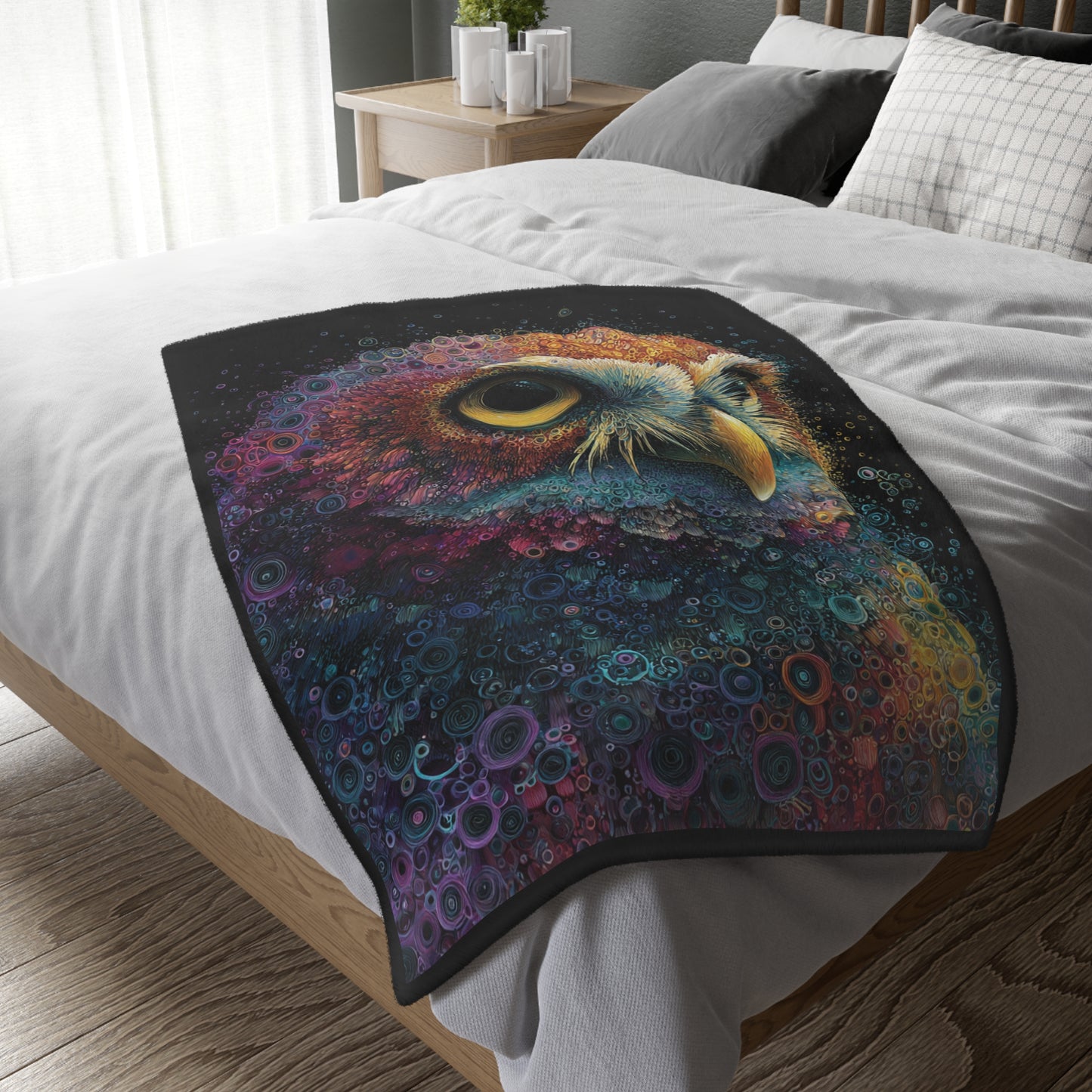 Psychedelic owl Velveteen Blanket - Cozy Décor for Bohemian Vibes, Perfect Gift for Home, Camping, Festivals, and Meditation