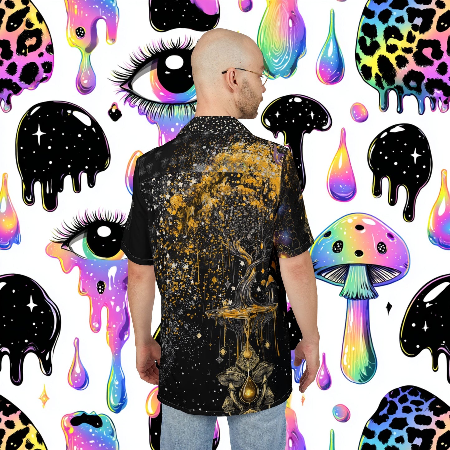 Mushroom with Honey Dab Tree Festival Shirt for Summer, Men's/ Unisex Button-Down Summer Shirt, Beach Vacation Shirt, Unique Casual Shirt