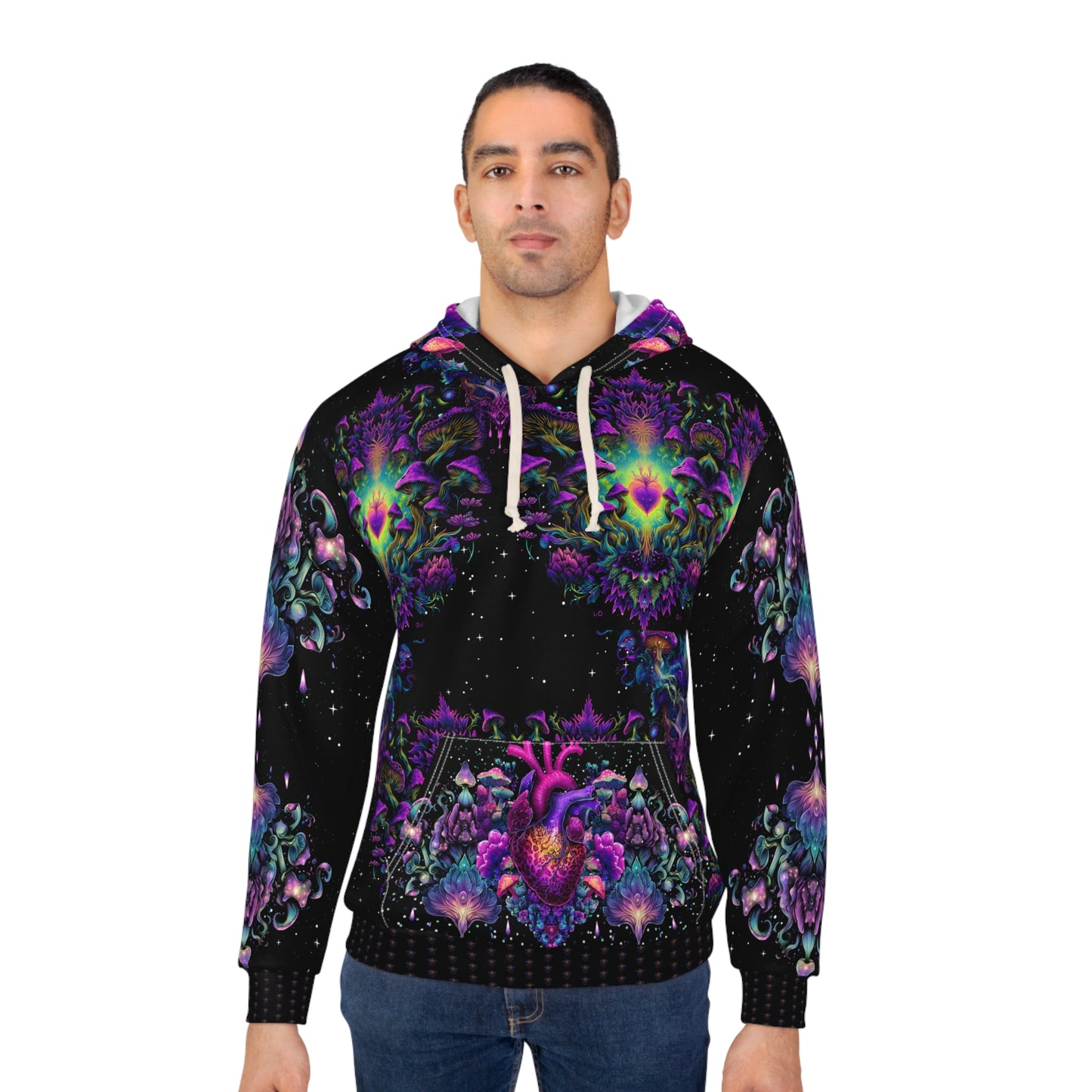 Psychedelic Heart Hoodie, All-Over Print Pullover, Unisex Sweatshirt, Vibrant Color Hoodie, Cozy Graphic Hoodie, Gift for Festival Lovers