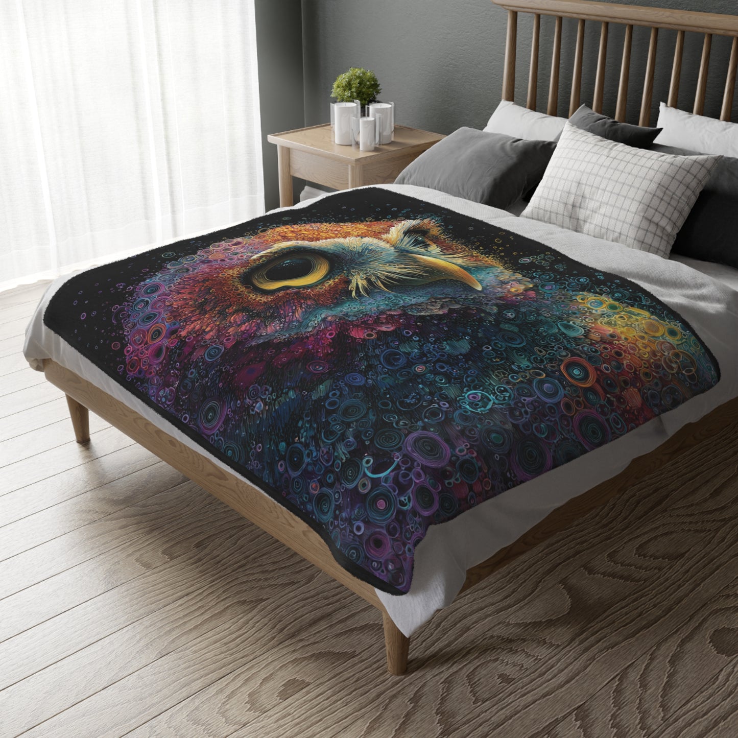 Psychedelic owl Velveteen Blanket - Cozy Décor for Bohemian Vibes, Perfect Gift for Home, Camping, Festivals, and Meditation