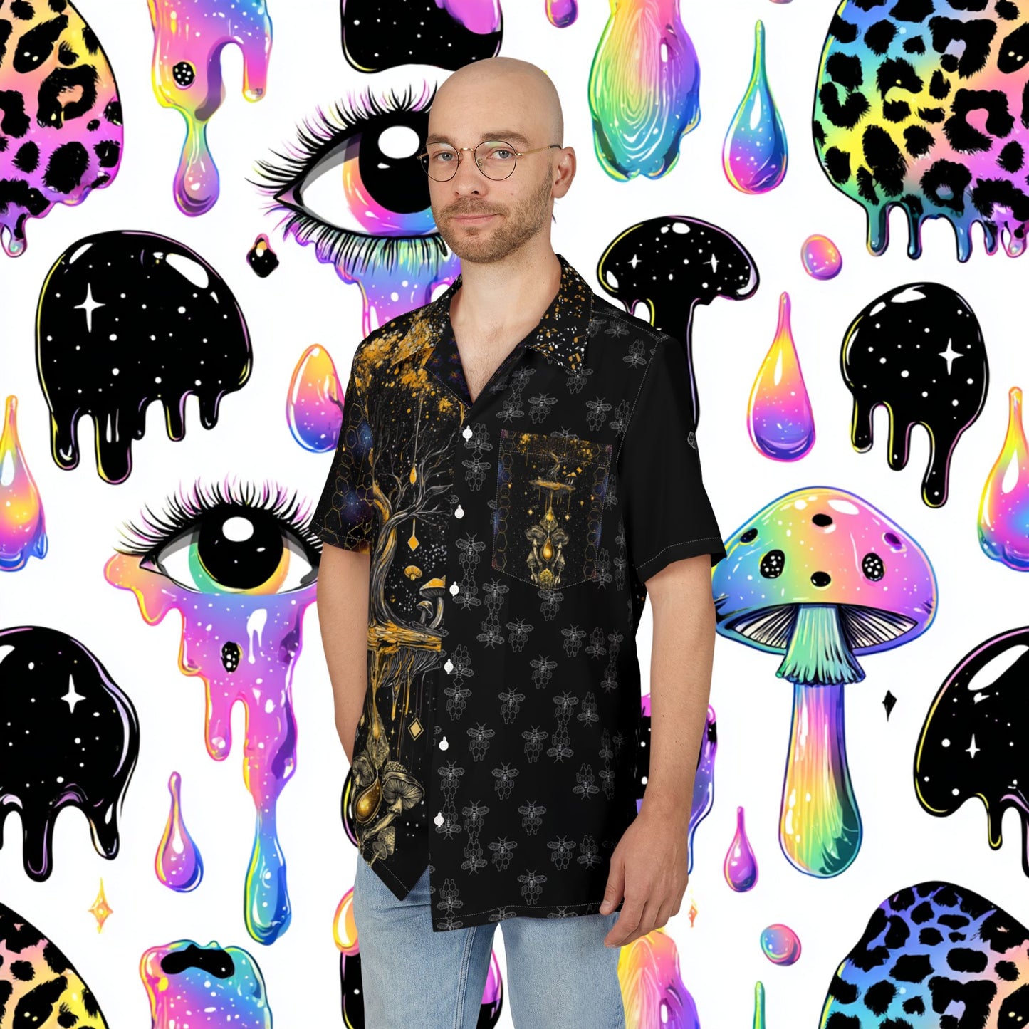 Mushroom with Honey Dab Tree Festival Shirt for Summer, Men's/ Unisex Button-Down Summer Shirt, Beach Vacation Shirt, Unique Casual Shirt