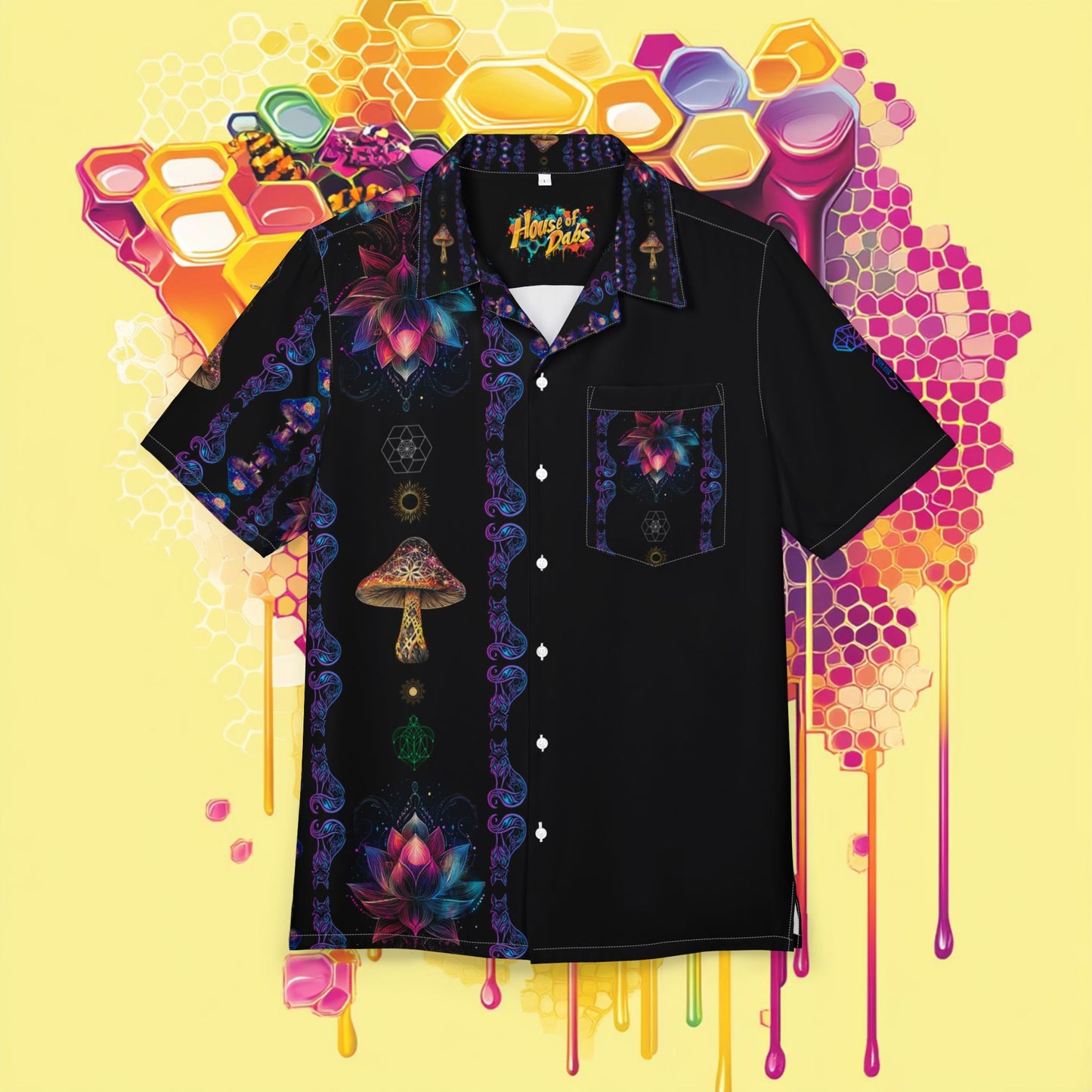 Vibrant Lotus with Foxes Shirt for Summer, Men's/ Unisex Button-Down Summer Shirt, Beach Vacation Shirt,Unique Casual Shirt