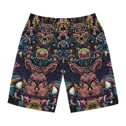 Men's psychedelic rabbit Board Shorts, Funky Beachwear, Summer Swim Shorts, Festival Attire, Colorful Outdoor Swimwear