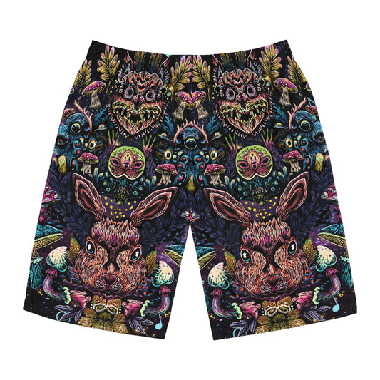 Men's psychedelic rabbit Board Shorts, Funky Beachwear, Summer Swim Shorts, Festival Attire, Colorful Outdoor Swimwear