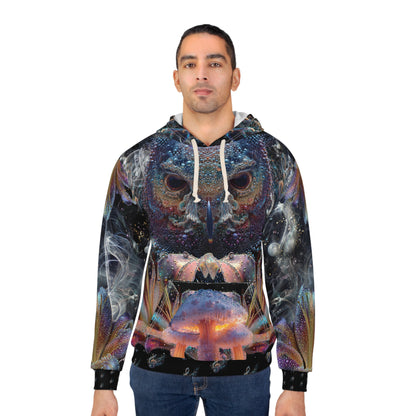 Mystical Owl Pullover Hoodie - Unisex, AOP, Artistic hoodie, Festival wear, Cozy sweatshirt, Nature lover gift, Unique hoodie design