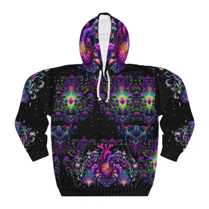 Psychedelic Heart Hoodie, All-Over Print Pullover, Unisex Sweatshirt, Vibrant Color Hoodie, Cozy Graphic Hoodie, Gift for Festival Lovers