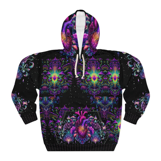 Psychedelic Heart Hoodie, All-Over Print Pullover, Unisex Sweatshirt, Vibrant Color Hoodie, Cozy Graphic Hoodie, Gift for Festival Lovers
