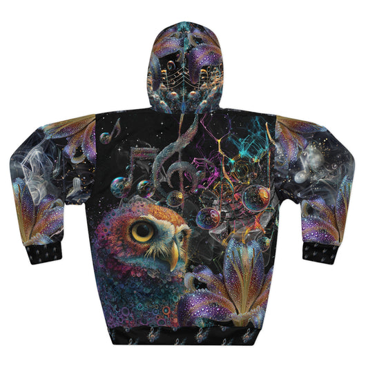 Mystical Owl Pullover Hoodie - Unisex, AOP, Artistic hoodie, Festival wear, Cozy sweatshirt, Nature lover gift, Unique hoodie design