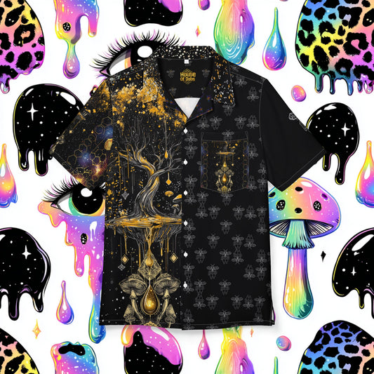 Mushroom with Honey Dab Tree Festival Shirt for Summer, Men's/ Unisex Button-Down Summer Shirt, Beach Vacation Shirt, Unique Casual Shirt