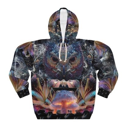Mystical Owl Pullover Hoodie - Unisex, AOP, Artistic hoodie, Festival wear, Cozy sweatshirt, Nature lover gift, Unique hoodie design