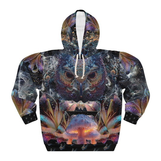 Mystical Owl Pullover Hoodie - Unisex, AOP, Artistic hoodie, Festival wear, Cozy sweatshirt, Nature lover gift, Unique hoodie design