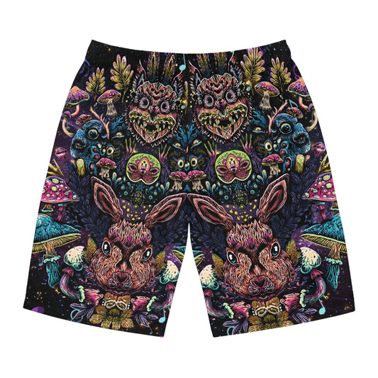 Men's psychedelic rabbit Board Shorts, Funky Beachwear, Summer Swim Shorts, Festival Attire, Colorful Outdoor Swimwear