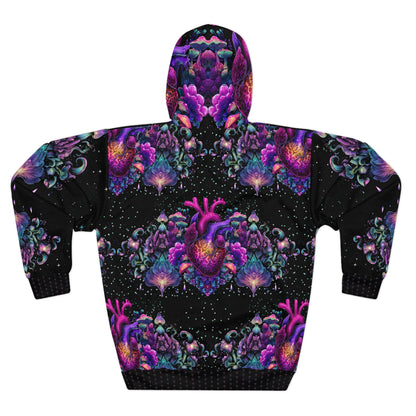Psychedelic Heart Hoodie, All-Over Print Pullover, Unisex Sweatshirt, Vibrant Color Hoodie, Cozy Graphic Hoodie, Gift for Festival Lovers