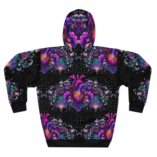 Psychedelic Heart Hoodie, All-Over Print Pullover, Unisex Sweatshirt, Vibrant Color Hoodie, Cozy Graphic Hoodie, Gift for Festival Lovers