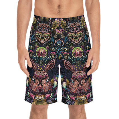 Men's psychedelic rabbit Board Shorts, Funky Beachwear, Summer Swim Shorts, Festival Attire, Colorful Outdoor Swimwear