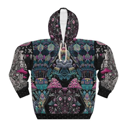 Mystical Mushroom Pullover Hoodie, Psychedelic Art Gift, Unique Fall Fashion, Unisex Outerwear, Print-on-Demand Apparel, Cozy Hoodie