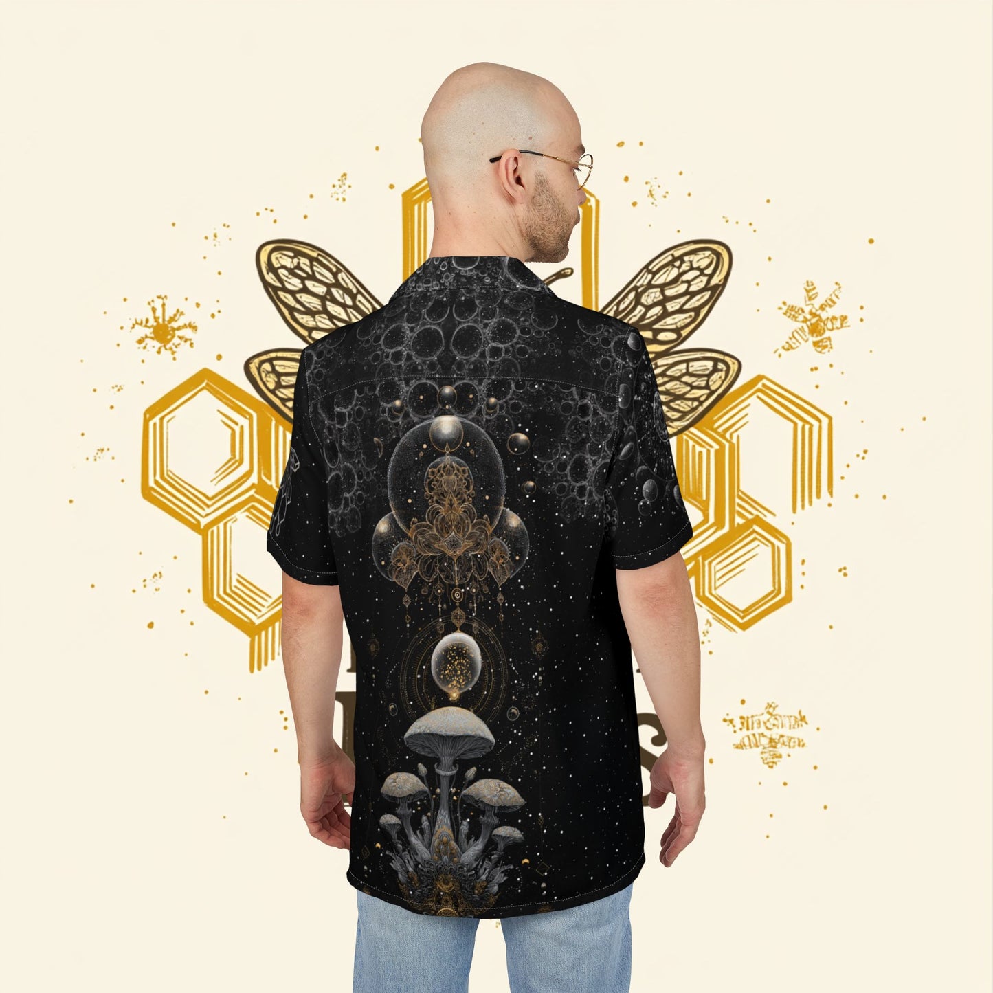 Bubbles, Mushrooms, and Honeycomb Festival Shirt for Summer, Men's/ Unisex Button-Down Summer Shirt, Beach Vacation Shirt, Unique Casual Shirt